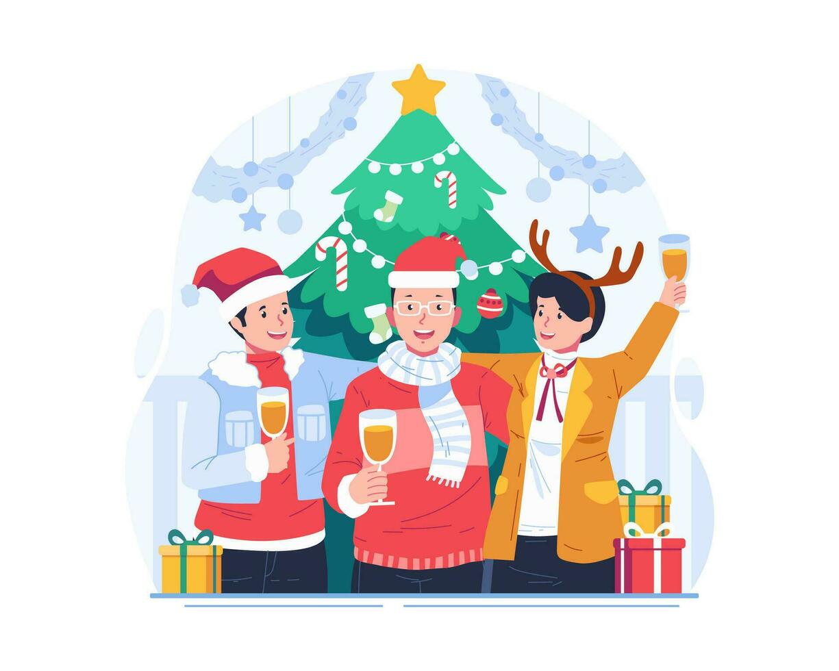 Navidad fiesta y nuevo año celebracion. personas en invierno fiesta trajes en pie juntos por el Navidad árbol con cada participación champán lentes vector