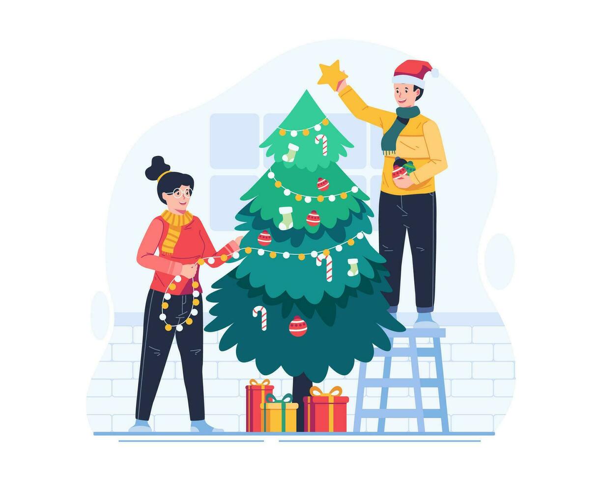 un contento Pareja decorando un Navidad árbol juntos. personas preparando para Navidad y contento nuevo año fiesta invierno celebracion vector