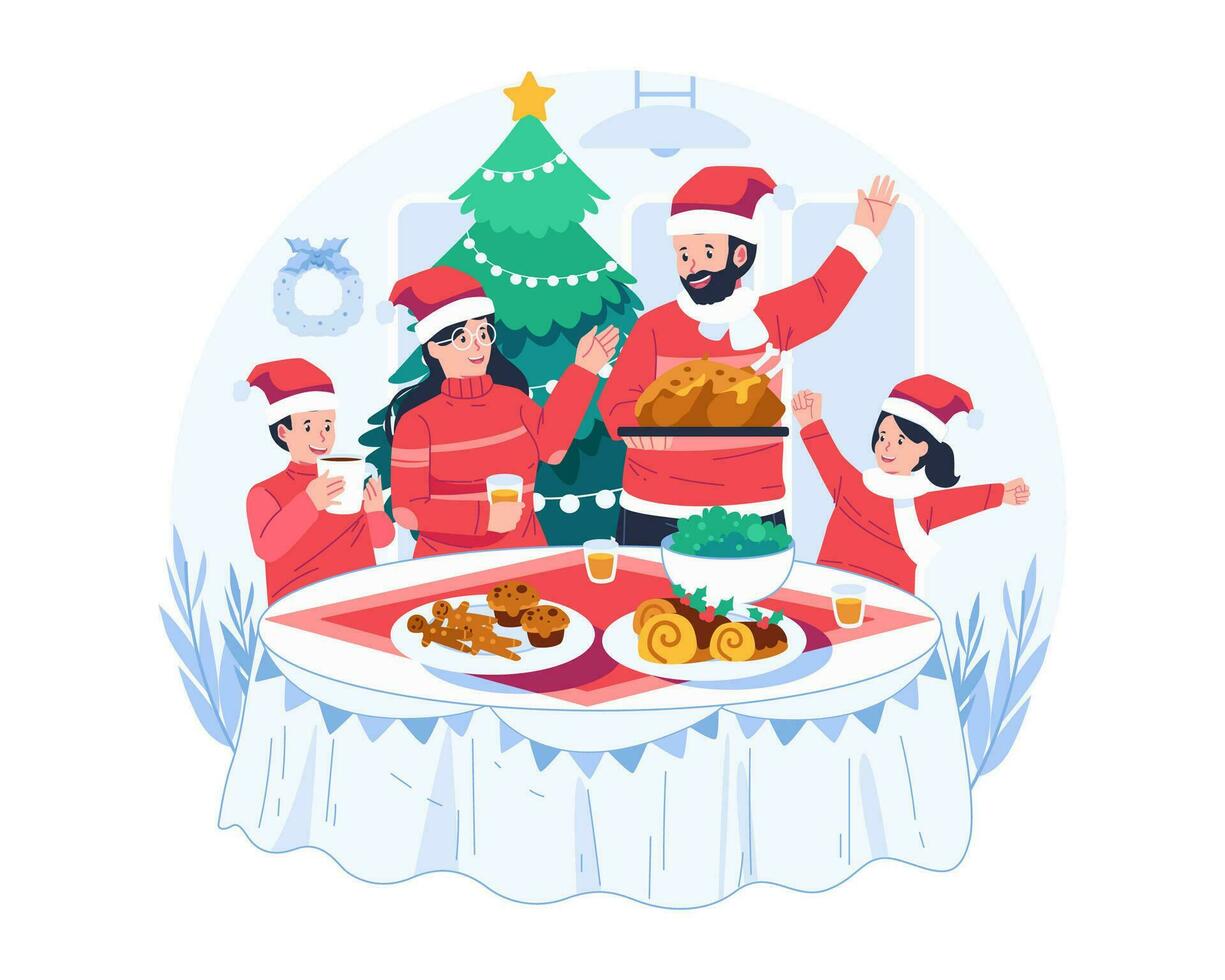 Happy Family Enjoying Christmas Dinner Together at Home. Parents and Children in Santa Hats Sitting Around the Table With Christmas Food vector