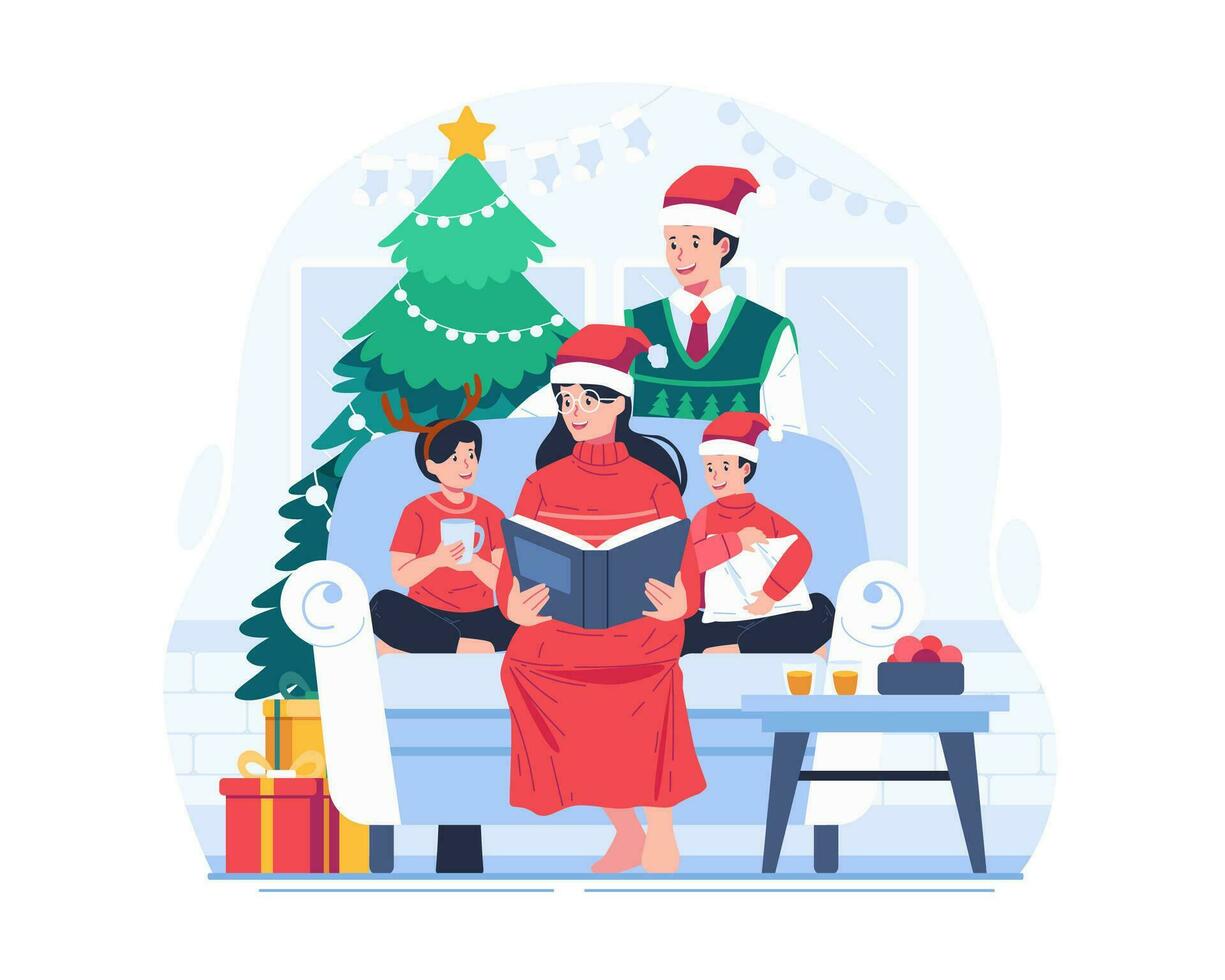 el madre se sienta con dos niños en el acogedor sofá y lee un libro juntos. alegre Navidad y contento nuevo año fiesta invierno celebracion vector