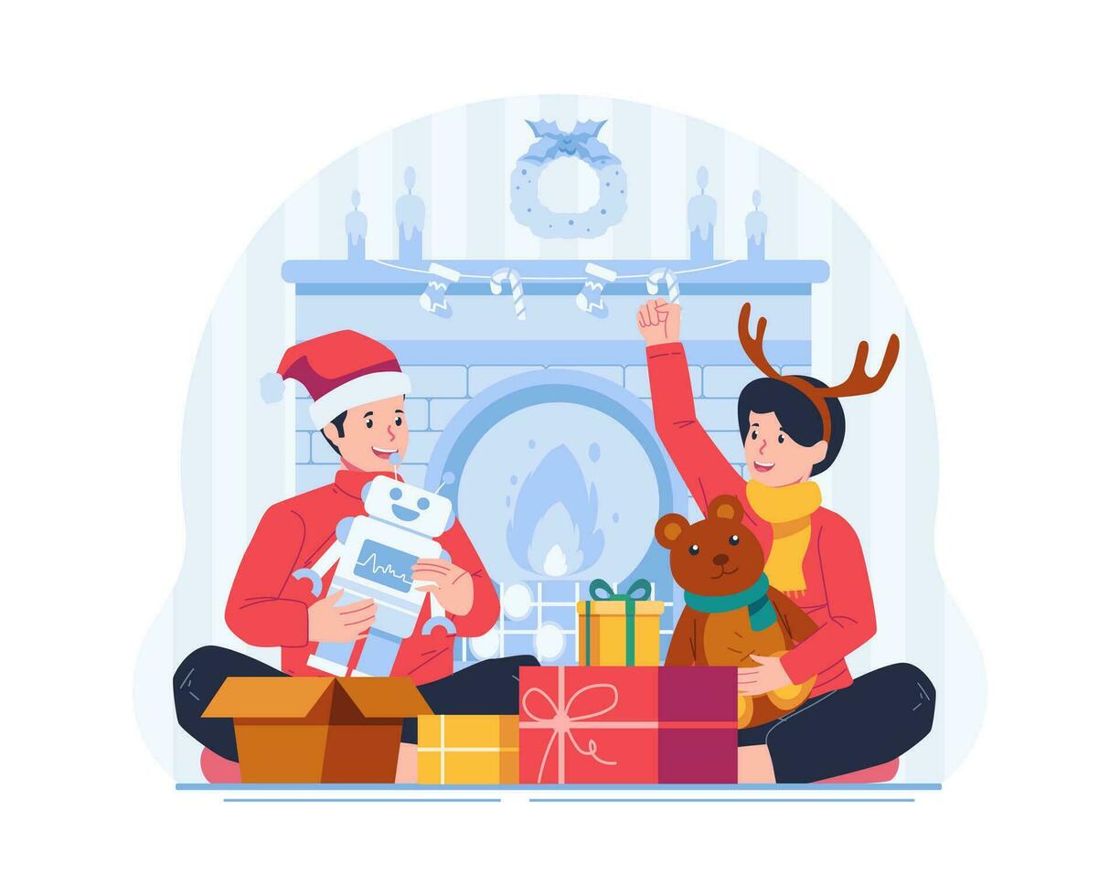 niños apertura Navidad regalos cerca un calentar acogedor chimenea. alegre Navidad y contento nuevo año concepto ilustración vector