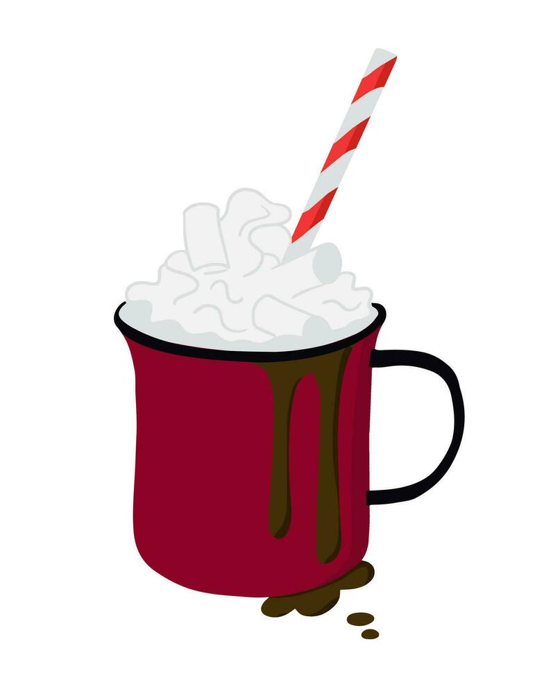 Christmas hot chocolate mag with whipped cream and straw. Winter holiday traditional hot drink with childish decoration. Vector hand drawn flat illustration in red color