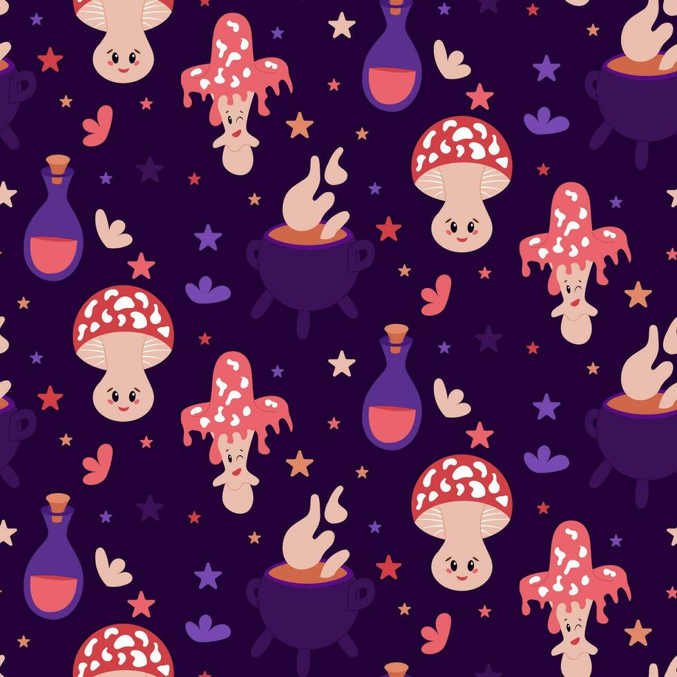 Cozy mystical seamless pattern with mushroom. Dark theme. Flat kawaii magical elements. Witch related items. Graphic print design for wrapping paper, kids textile, background, banner, stationary vector