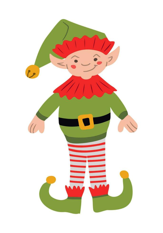 Flat hand drawn childish Christmas gnome character. Christmas traditional person, Santa Claus friend in holiday clothes in kids cartoon style. Ideal for Christmas decoration, stickers, pattern vector