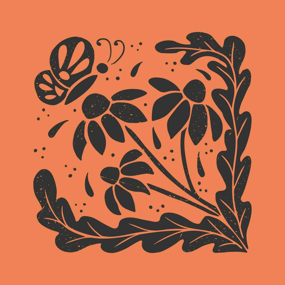 Abstract floral retro grunge illustration. Flat botanical black illustration in square form with grunge texture and scratches. Suitable for decoration, posters, t shirt print, social media graphics vector
