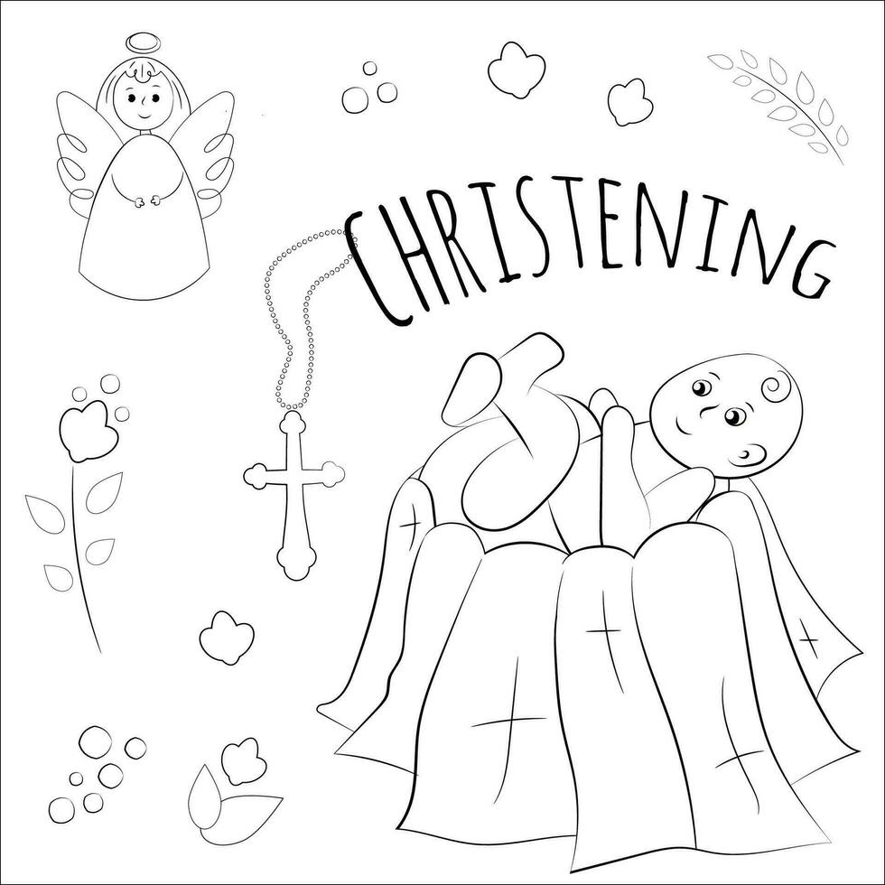 Christening linear illustration with baby vector