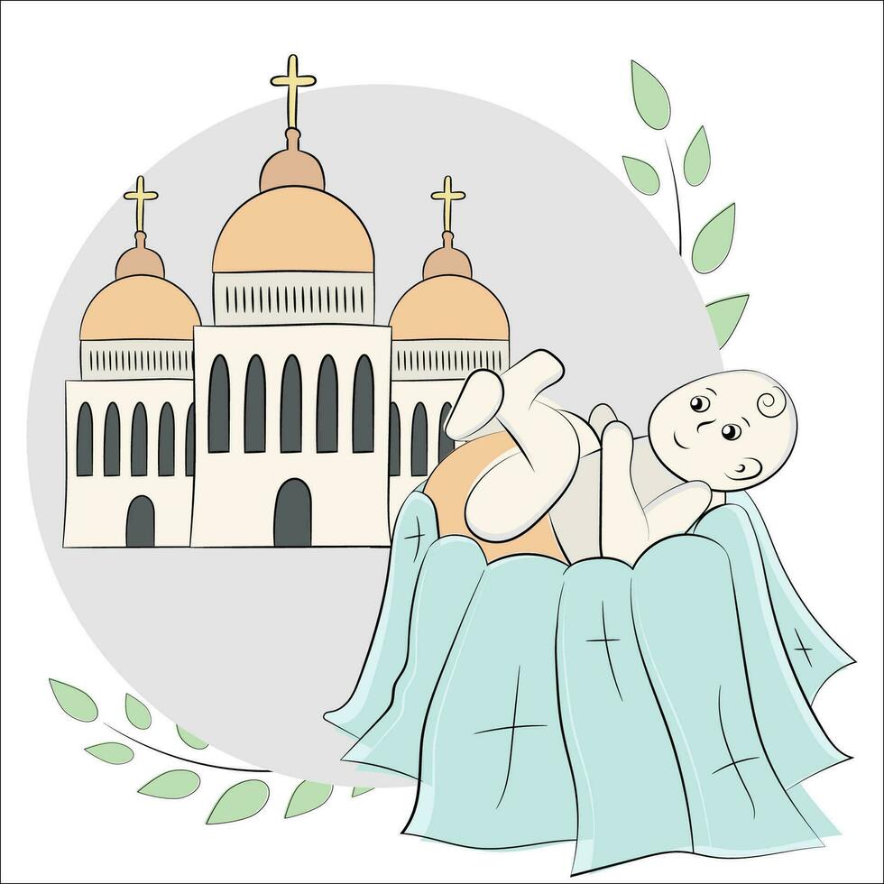 Christening linear illustration with baby vector