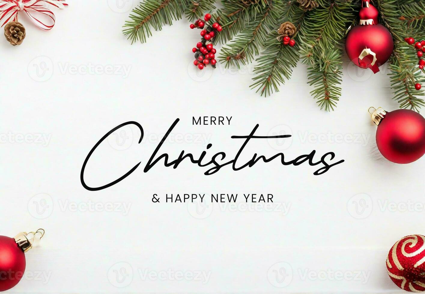 AI generated Christmas background, complete with Christmas decorations on the beach sand and blue sea water background, top view photo