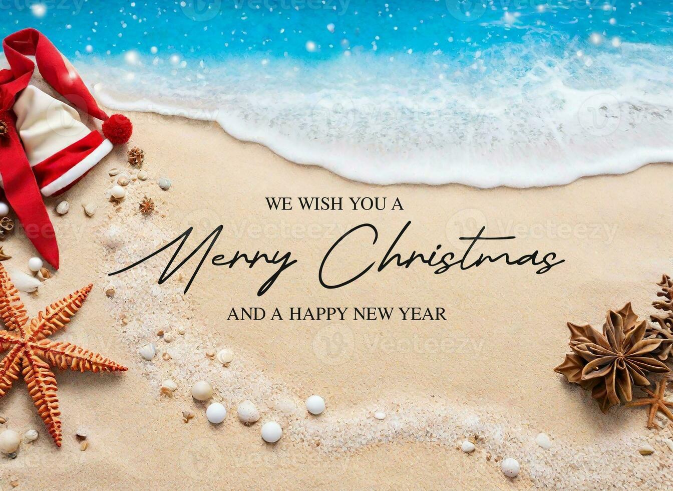 AI generated Christmas background, complete with Christmas decorations on the beach sand and blue sea water background, top view photo