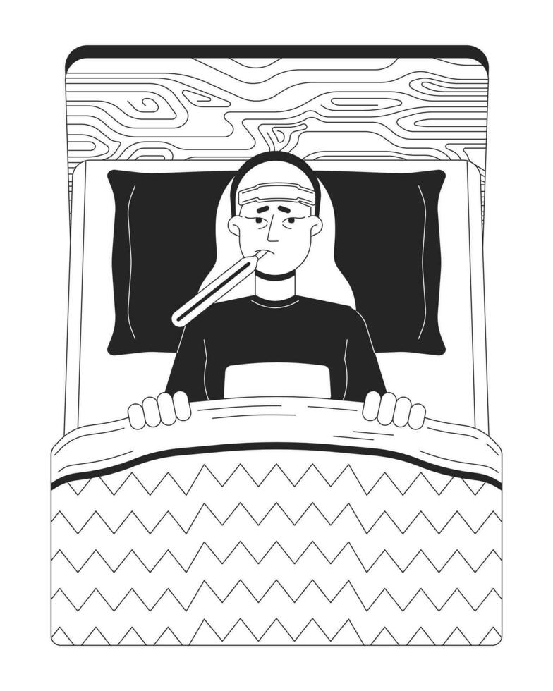 Sick flu patient in bed black and white cartoon flat illustration vector