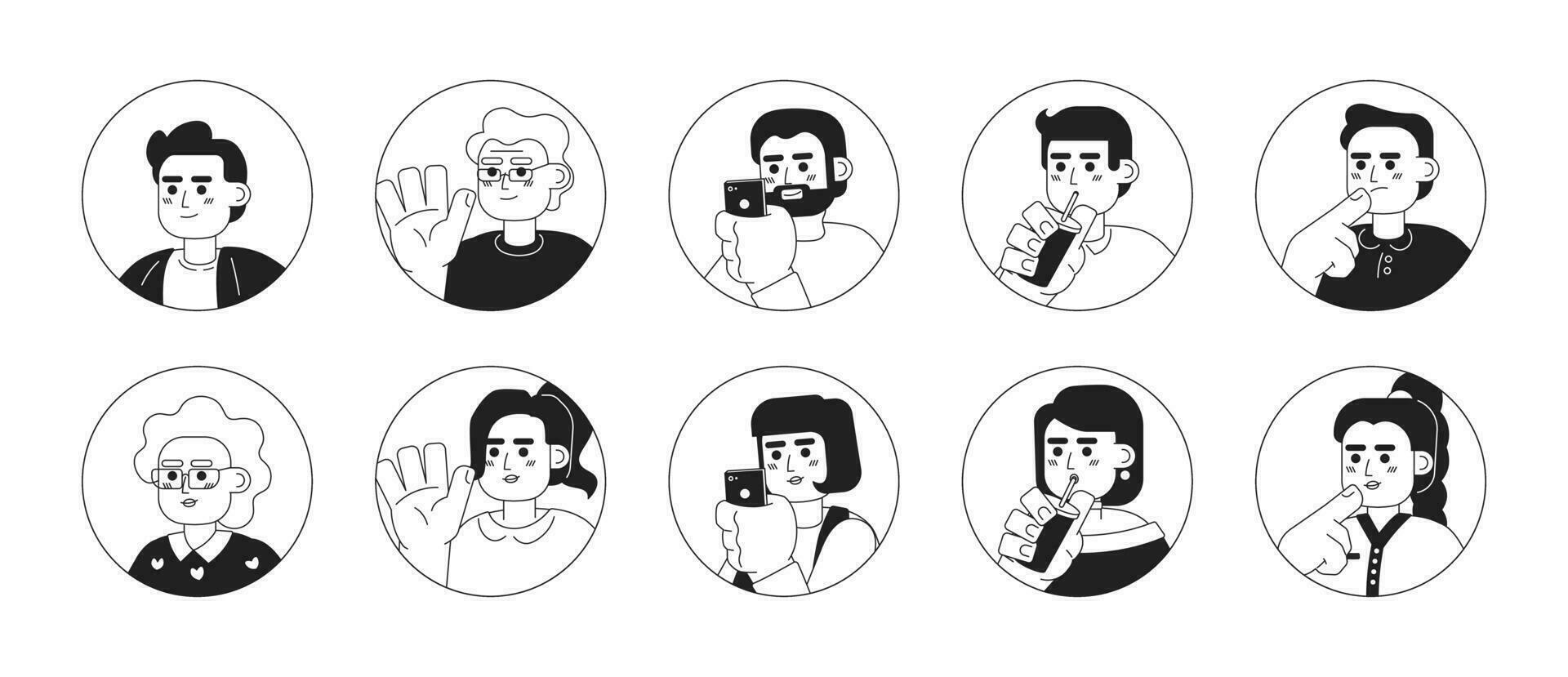 Caucasian different aged black and white 2D vector avatars illustration bundle