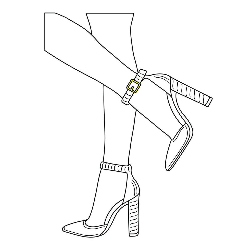 dibujo bosquejo contorno silueta de hembra piernas en un pose. Zapatos tacones de aguja, alto tacones vector