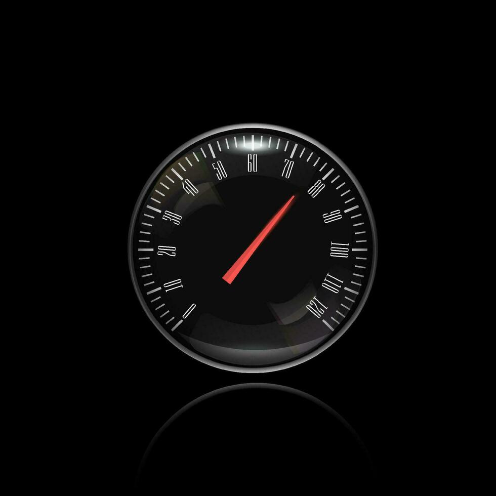 Speed level indicator. Round black car dashboard 3d device. Vector illustration on black background