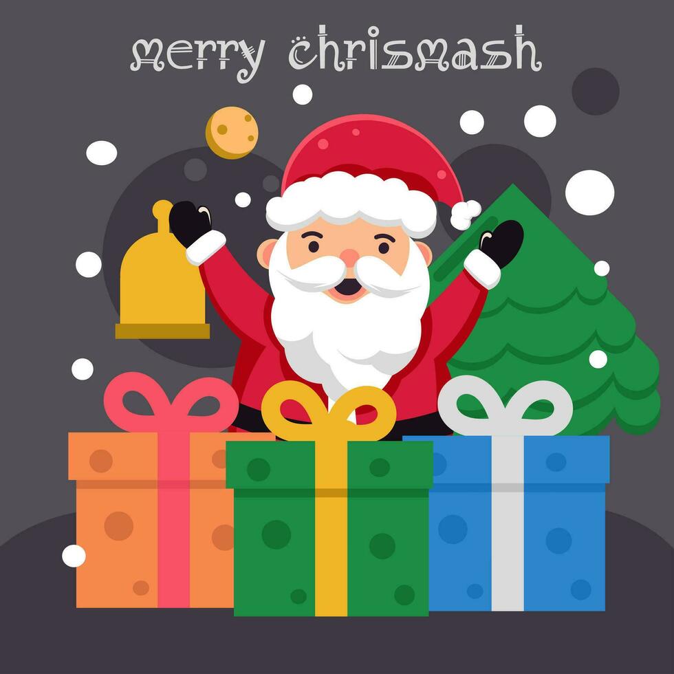Christmas character greeting vector design. Merry christmas text with santa claus and snowman characters cute and happy in outdoor snow for xmas holiday eve celebration. Vector illustration.