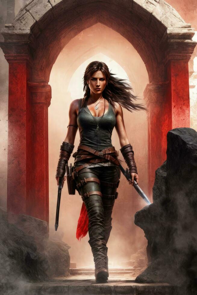 AI generated Warrior woman with sword in the ruins of an ancient castle photo