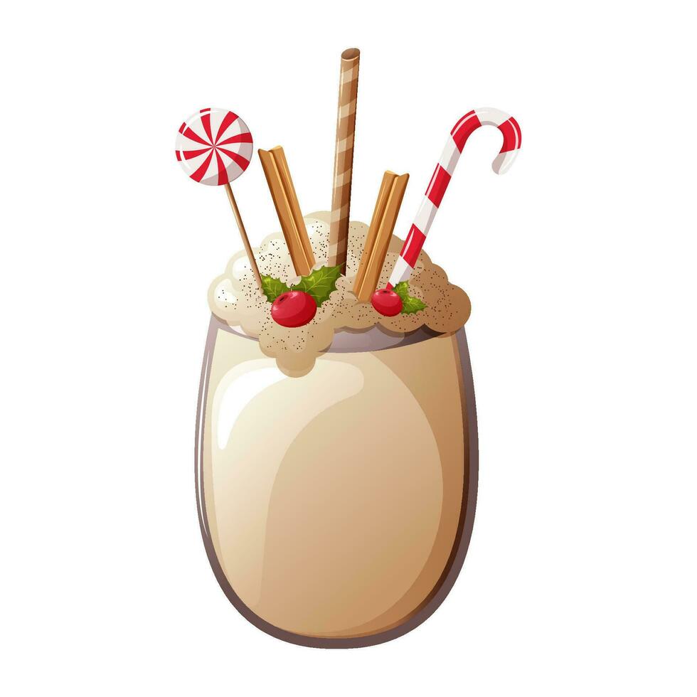 Glass of eggnog drink with berries, cinnamon and lollipops vector