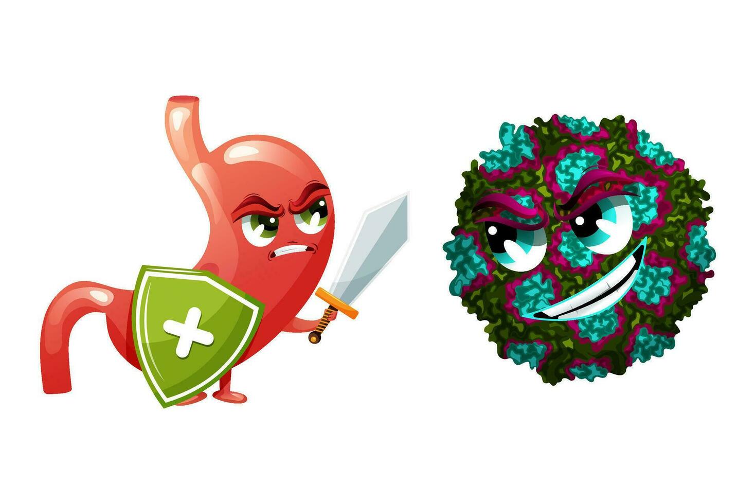 Stomach cartoon character with sword and shield against norovirus vector