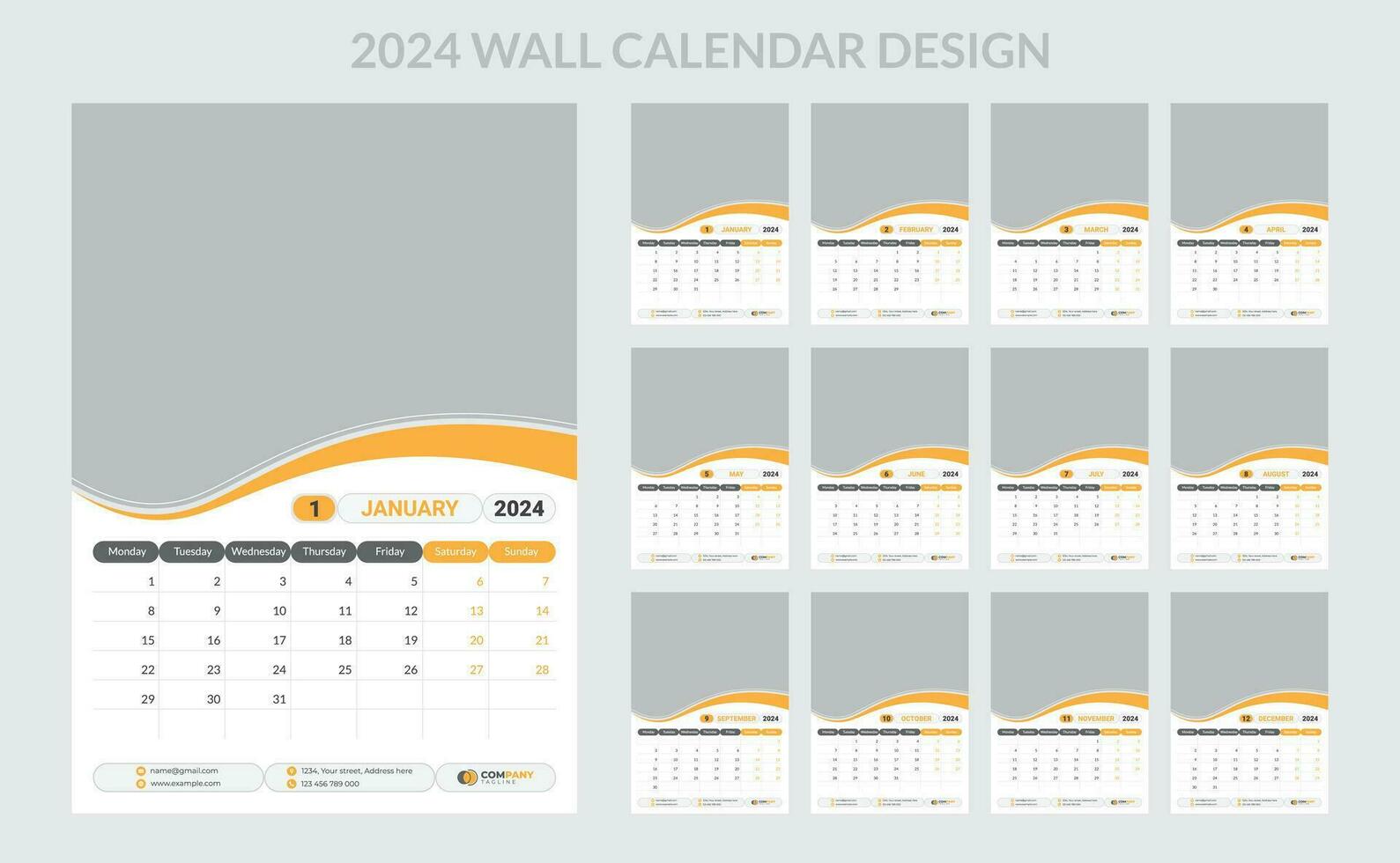 2024 Business Wall Calendar template set. 12 page wall calendar. vector