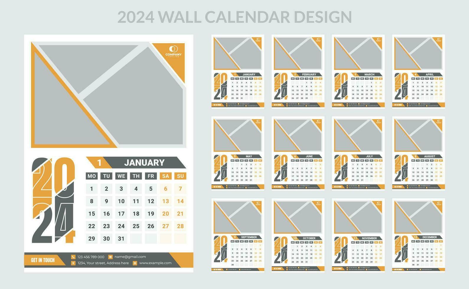 2024 Business Wall Calendar template set. 12 page wall calendar. vector
