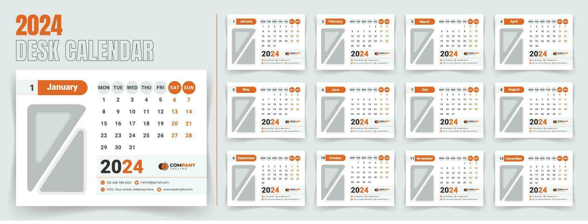 Desk calendar 2024 template design, monthly calendar, table calendar, office calendar 2024. with editable elements. vector