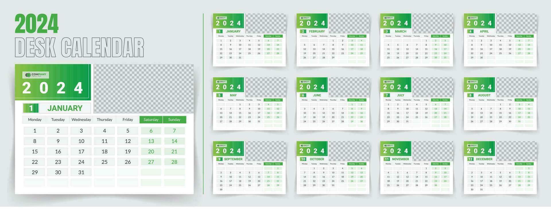 Desk calendar 2024 template design, monthly calendar, table calendar, office calendar 2024. with editable elements. vector