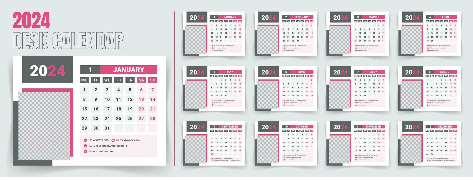 Desk calendar 2024 template design, monthly calendar, table calendar, office calendar 2024. with editable elements. vector