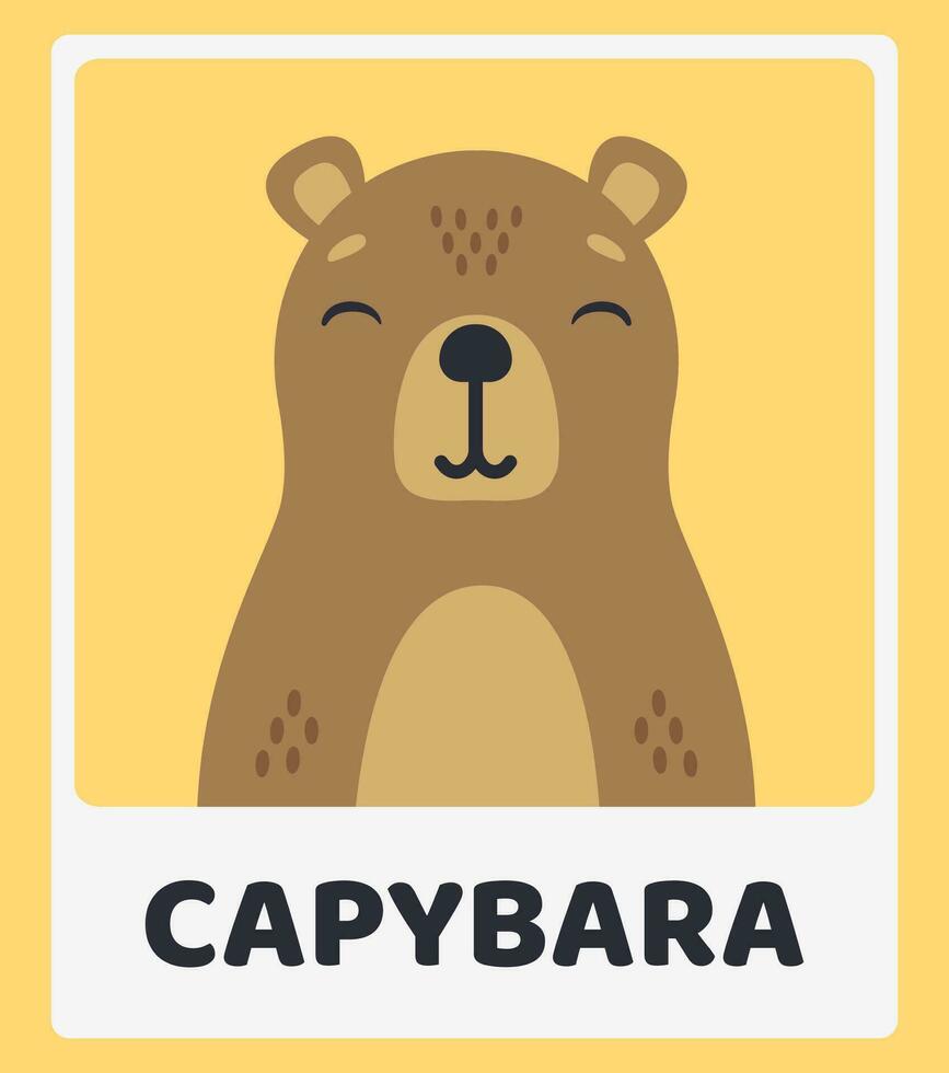 Cute capybara. Animal portraits. Educational cards for children. Simple vector illustrations.