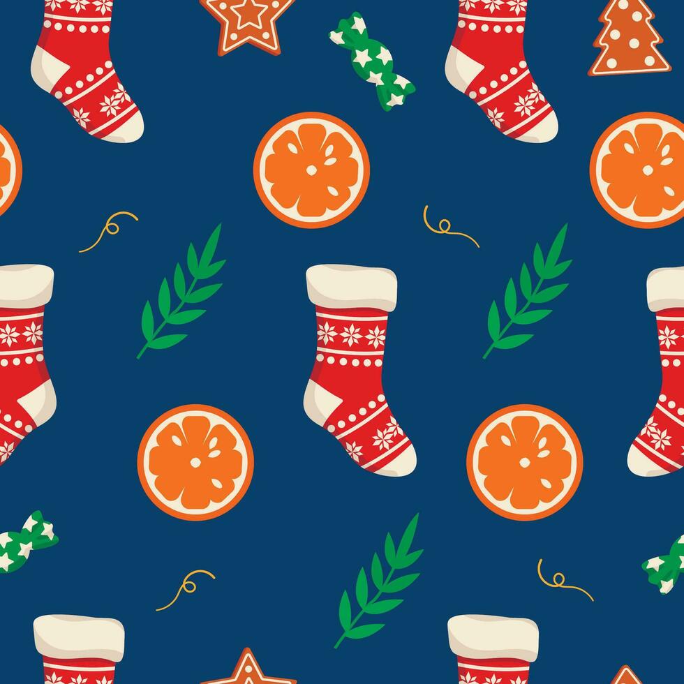 Seamless pattern with Christmas stocking, orange, gingerbread, and leaves. Vector graphic.