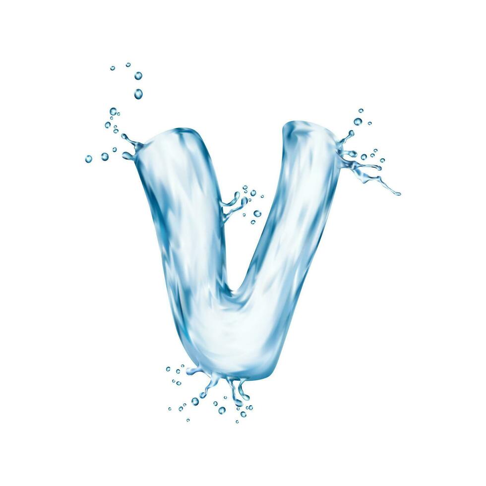 Realistic water font, letter V flow with ripples vector