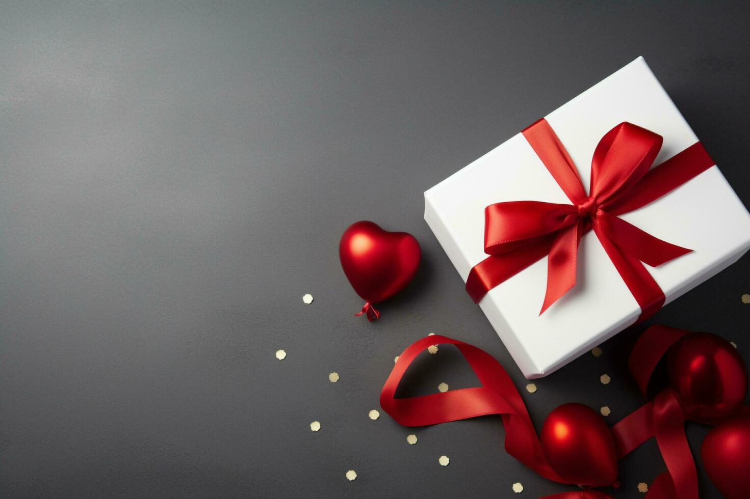 A white gift box with a red ribbon and some confetti, Generative AI photo