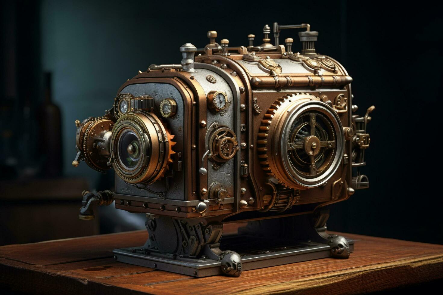 A clock made out of metal on a wooden table,  Generative AI photo