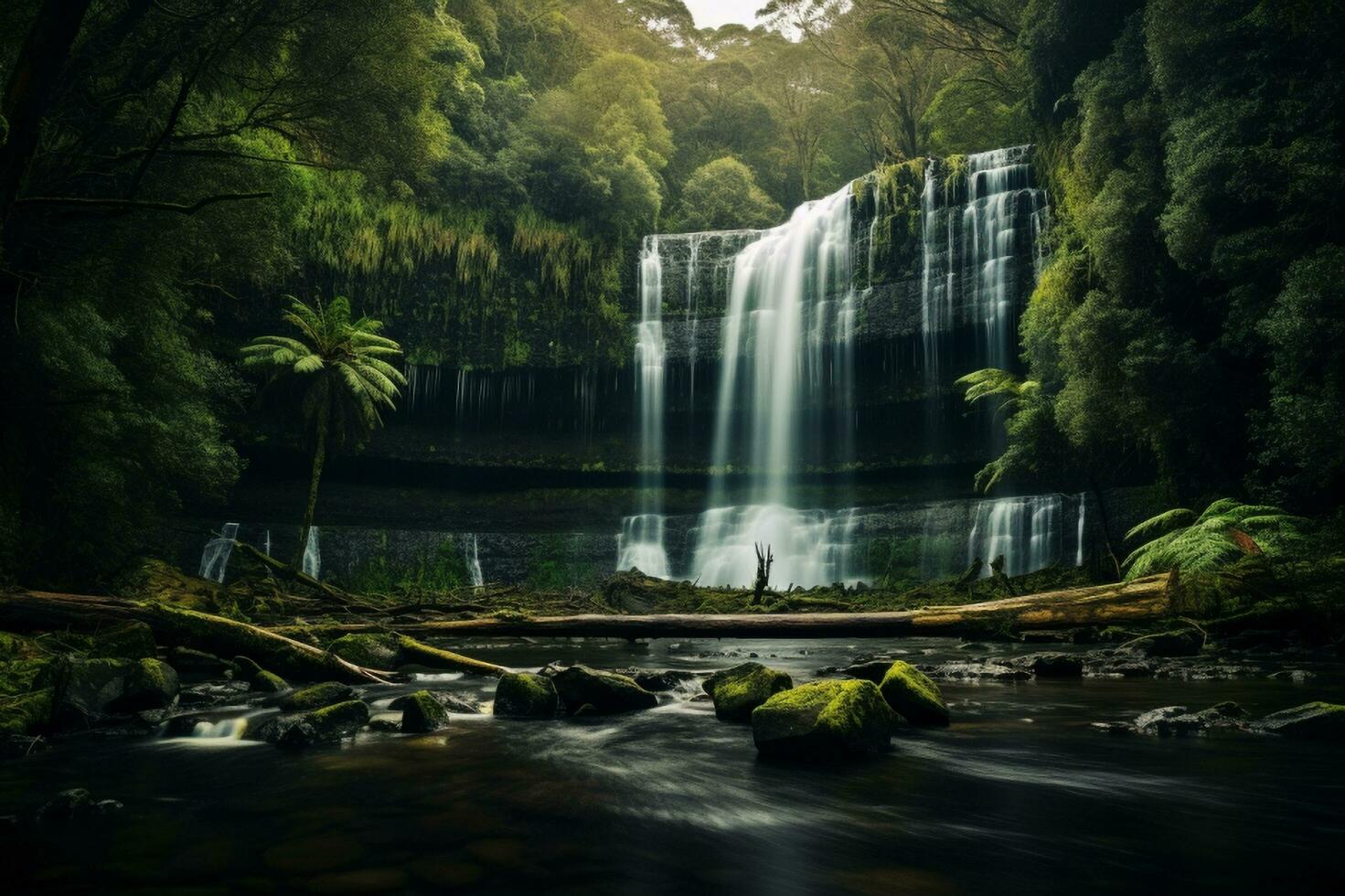 A painting of a waterfall in the middle of a forest, Generative AI photo