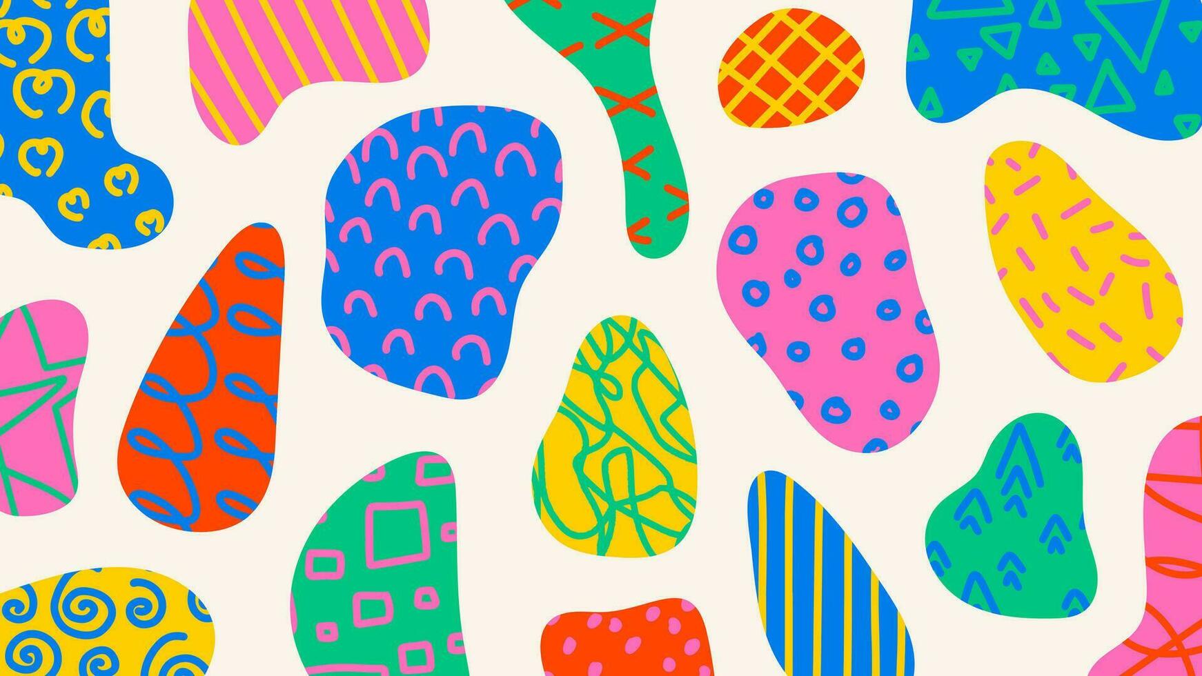 Colorful abstract design with geometric shapes, hand drawn doodles and scribbles. Trendy college in retro 70s-80s style. Multicolored vector illustration