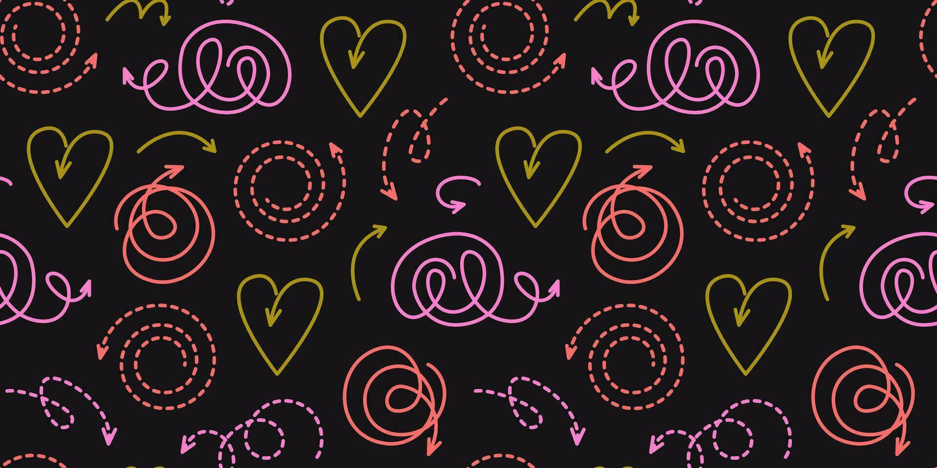 Modern abstract arrows seamless pattern. Hand-drawn doodles and scribbles. Playful line art shapes and figures. Bold bright retro colors. Background, digital paper, wallpaper. vector