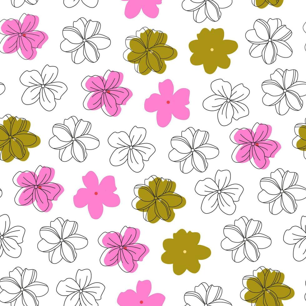 Abstract minimalist floral seamless pattern. Line art botanical flowers. Flower power. Summer and spring bloom. Doodles. Coloring book. Background, wrapping paper, digital paper. vector