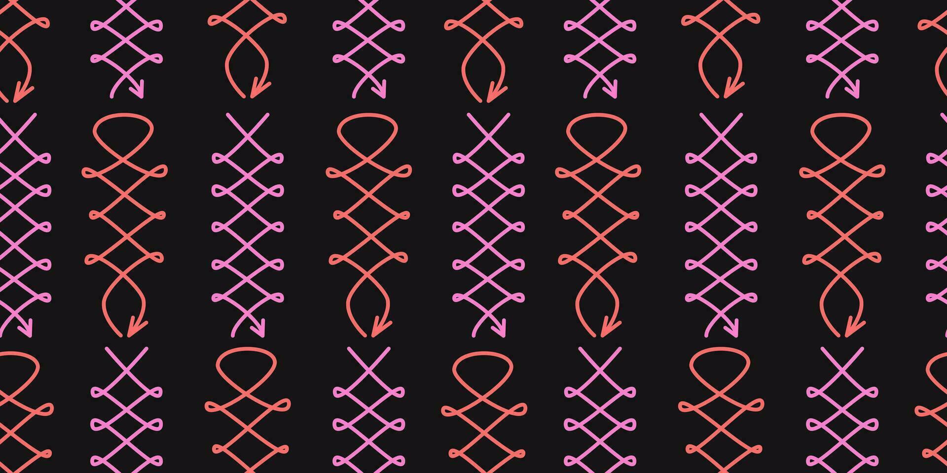 Outline abstract arrows seamless pattern. Lacing. Hand-drawn doodles and scribbles. Line art figures. Bold bright retro colors. Background, digital paper, wallpaper. vector