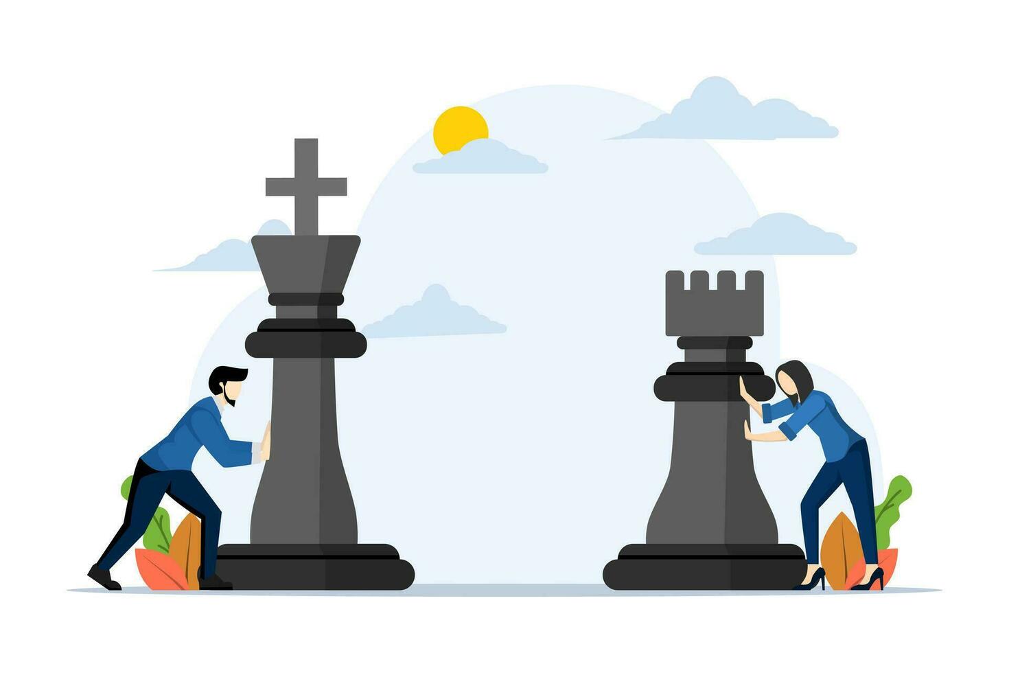 Business strategy and marketing plan concept. Strategic steps in business concept. competitive businessman character pushing big rook chess pieces to defeat the king. Flat vector illustration.