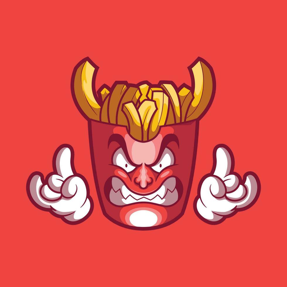 Devil french fries character with an angry face. Food, mascot, brand design concept. vector