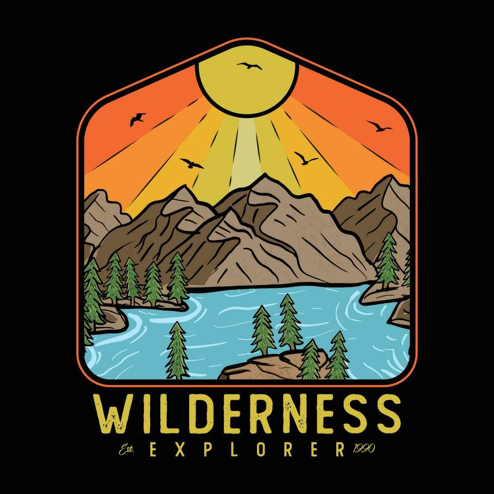 Wilderness Explorer. Explore more print design. Outdoor at the mountain. Mountain with tree retro vintage print design. Mountain lake graphic artwork. vector