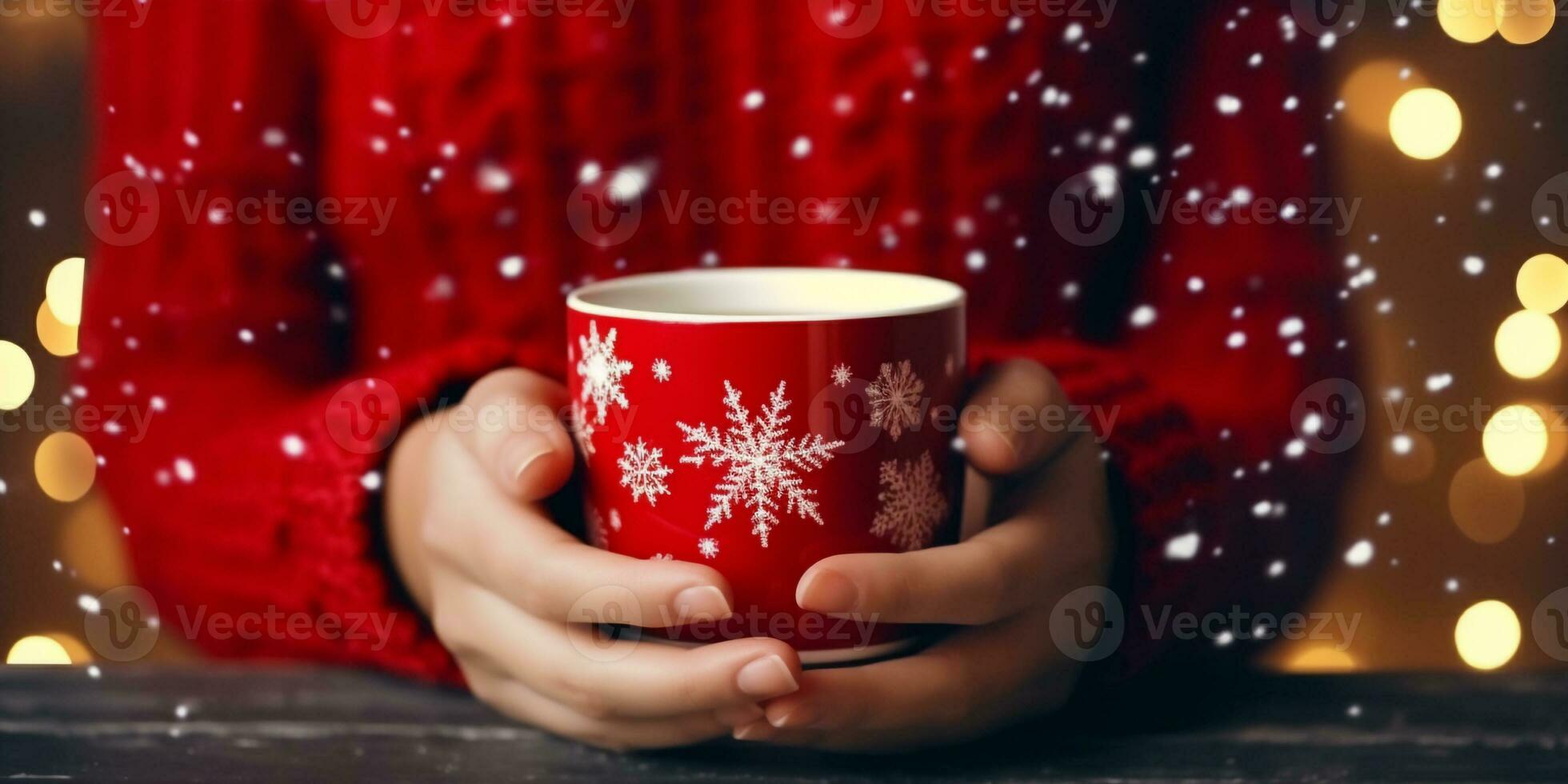 close up beautiful woman hands holding hot drink cup in her hand with golden bokeh,Christmas concept photo