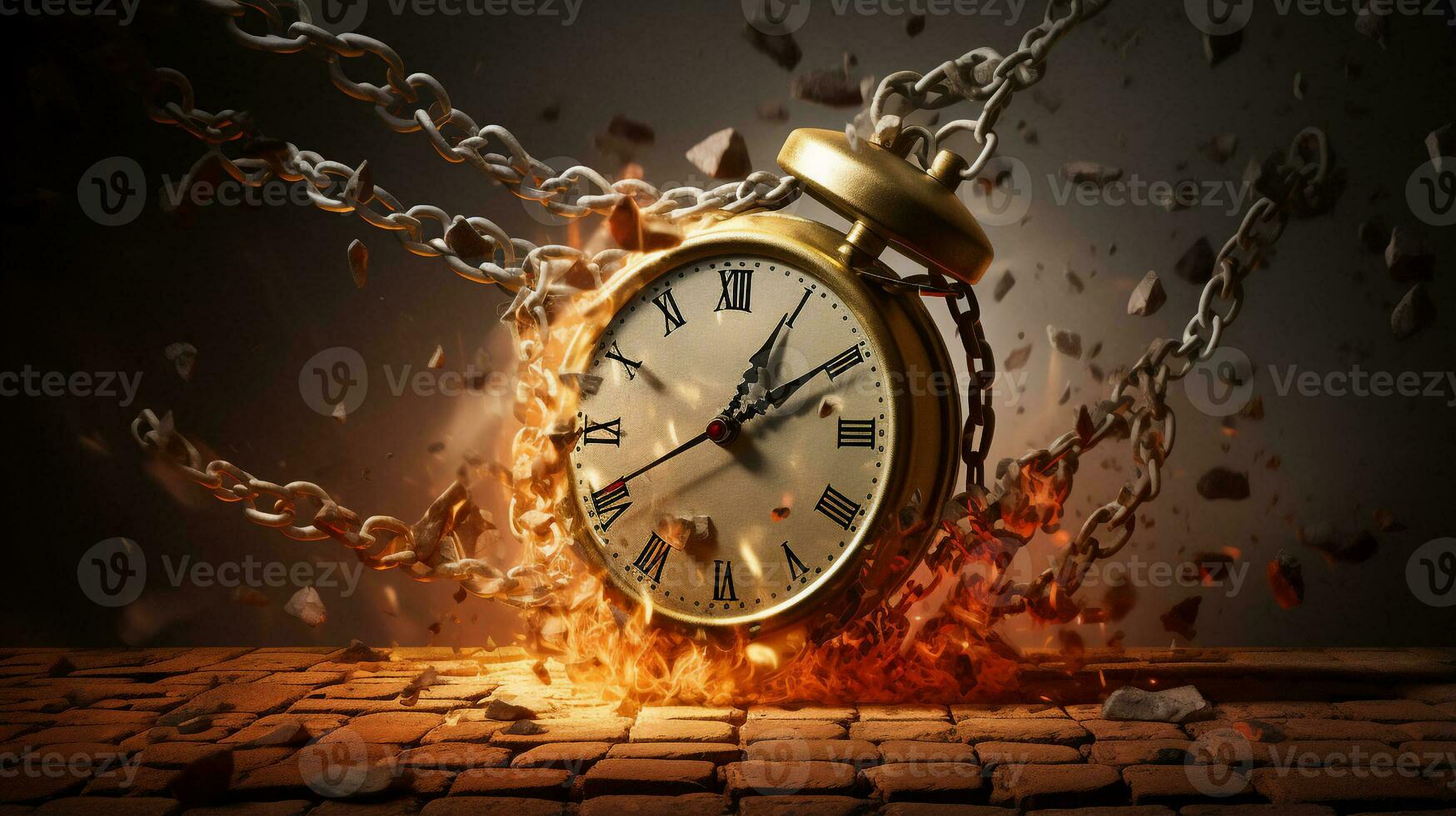 Burning Clock with chain hit on concreat floor,running out of time concept. photo