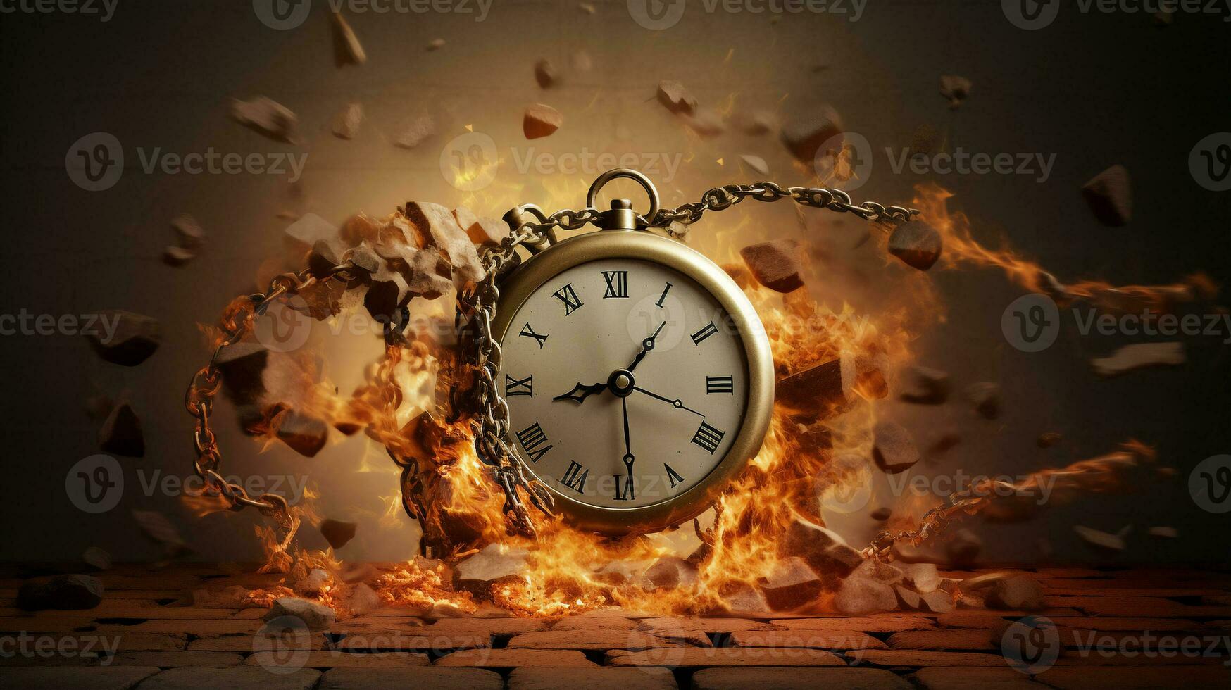 Burning Clock with chain hit on concreat floor,running out of time concept. photo