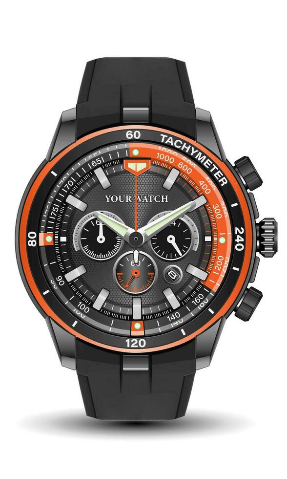 Realistic watch clock chronograph orange black steel leather strap dark grey yellow arrow on white design classic luxury vector