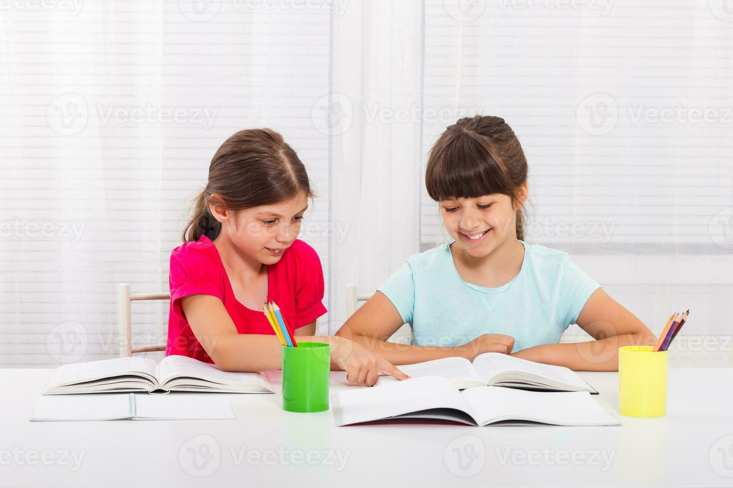 Cute little girls doing homework together photo