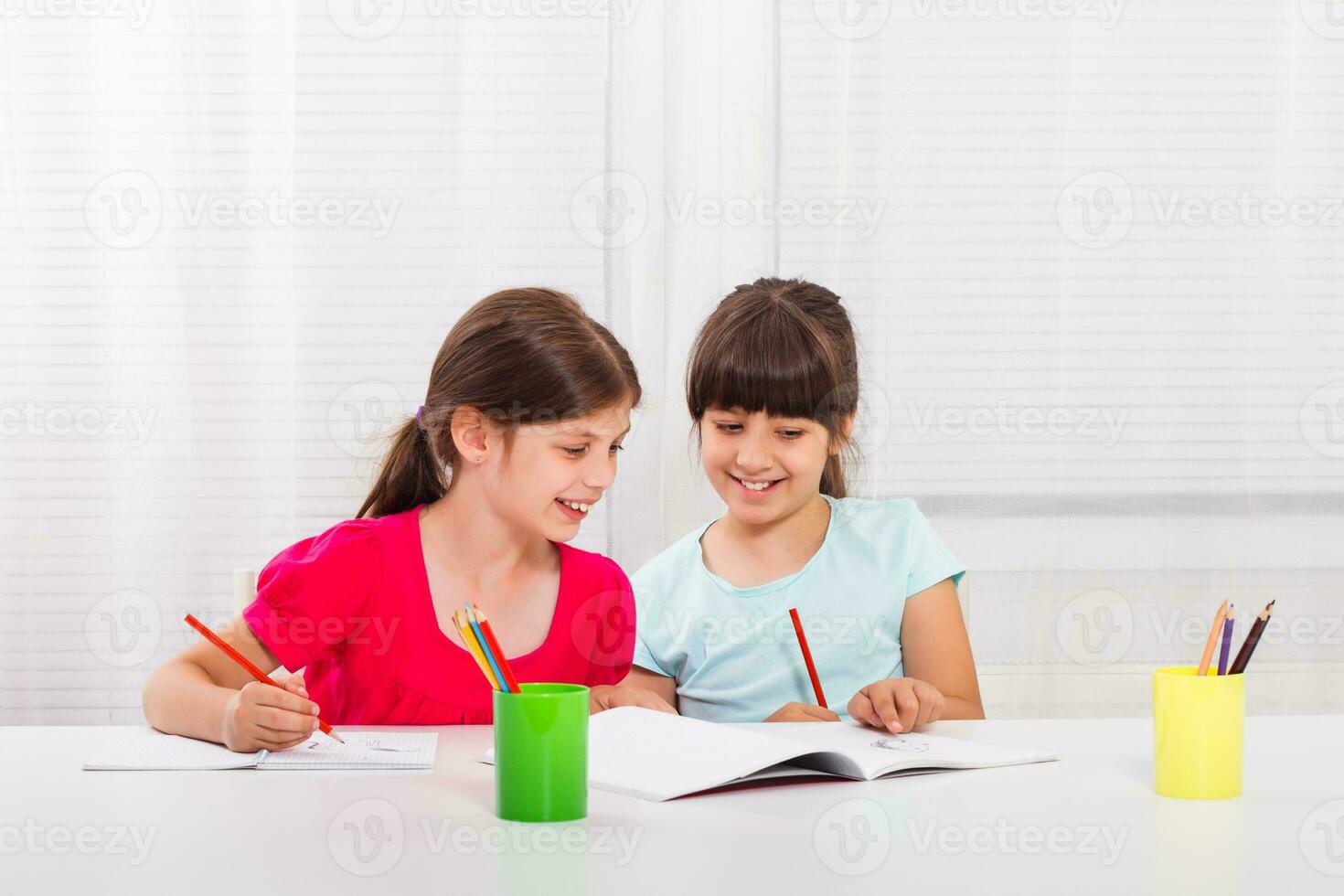 linda pequeño muchachas haciendo deberes juntos. foto