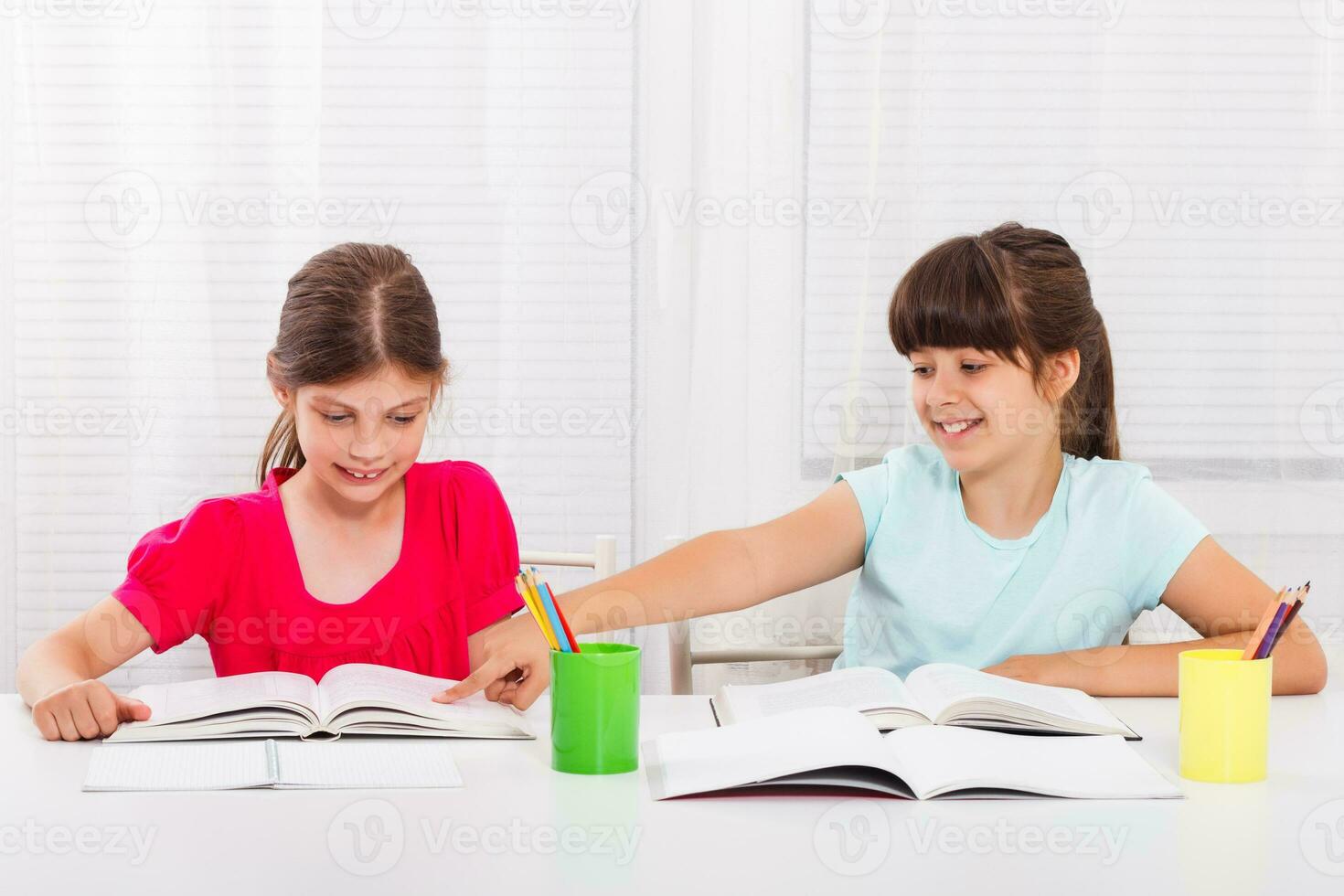 Cute little girls doing homework together photo