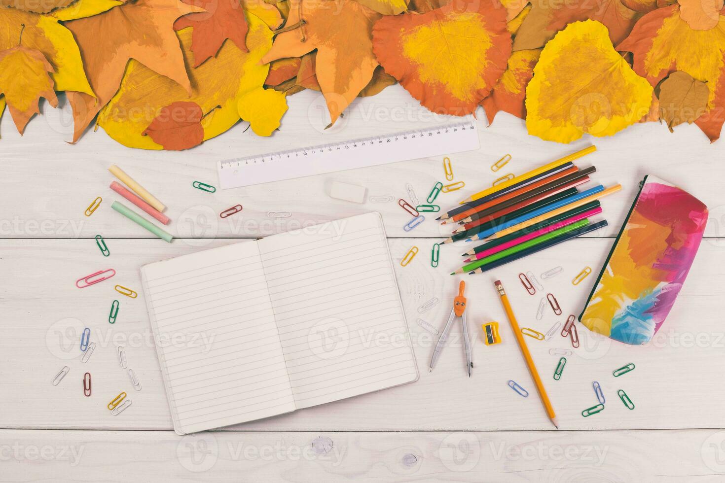 Back to school concept with school supplies and autumn leaves on white wooden background photo