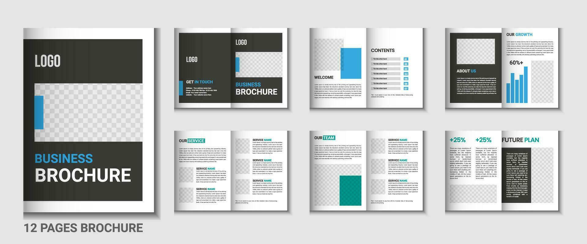 12 page corporate brochure profile design, business brochure layout, a4 size multipage flyer design, company profile and annual report template design vector