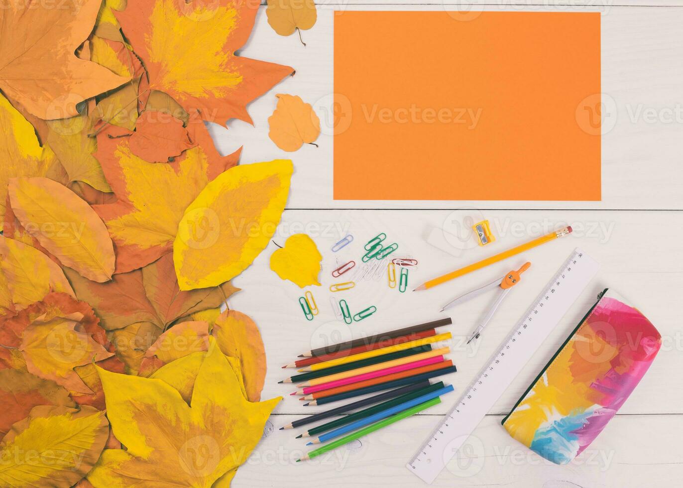 Autumn leaves and school supplies on white wooden background photo