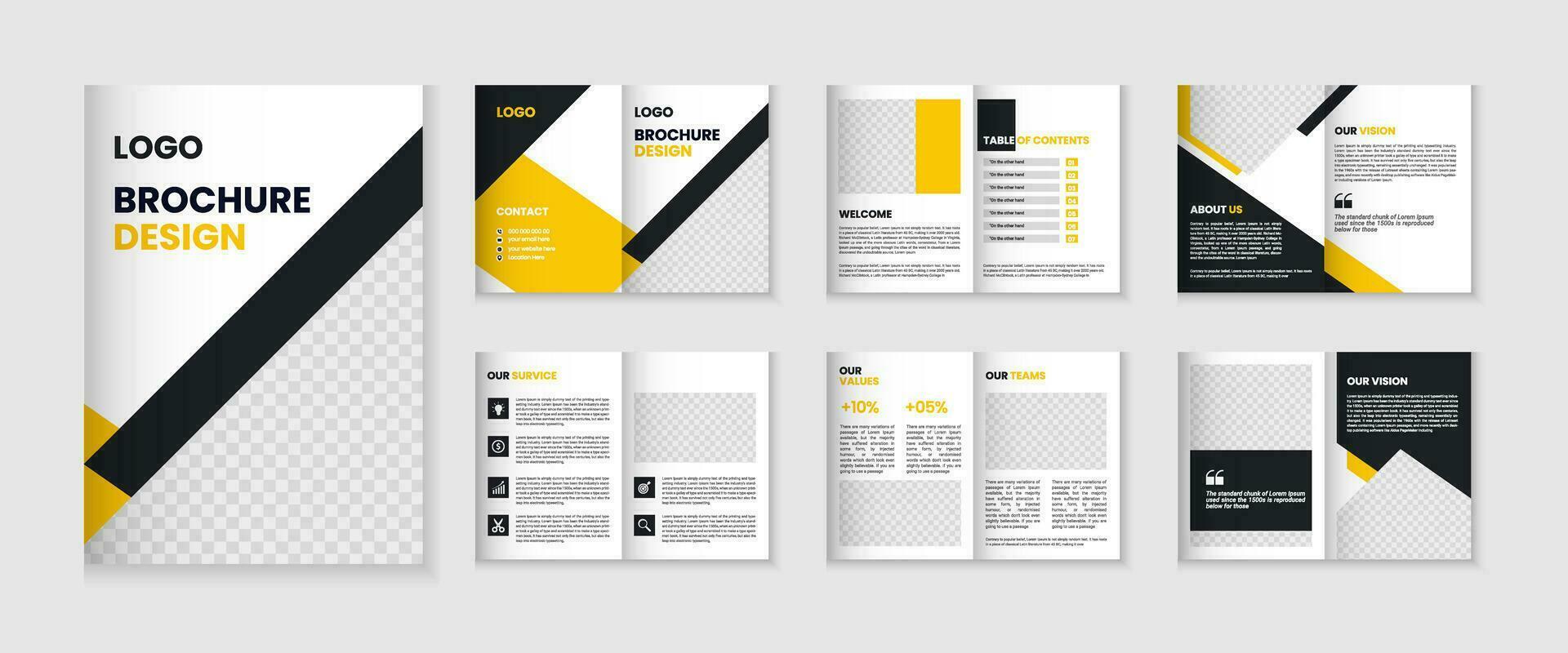 12 page corporate brochure profile design, business brochure layout, a4 size multipage flyer design, company profile and annual report template design vector